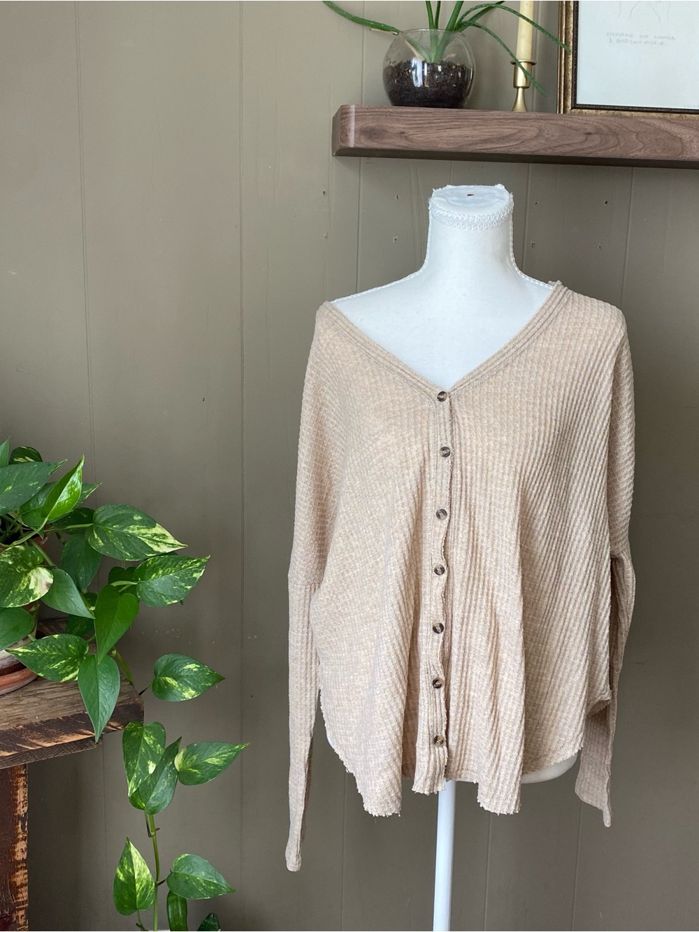Urban outfitters beige waffle knit long sleeve button up